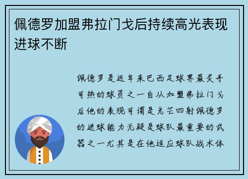 佩德罗加盟弗拉门戈后持续高光表现进球不断